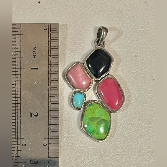 Barse Sterling Silver Multi-Stone Pendant Turquoise Onyx Rhodochrosite 24 G - Picture 3 of 6